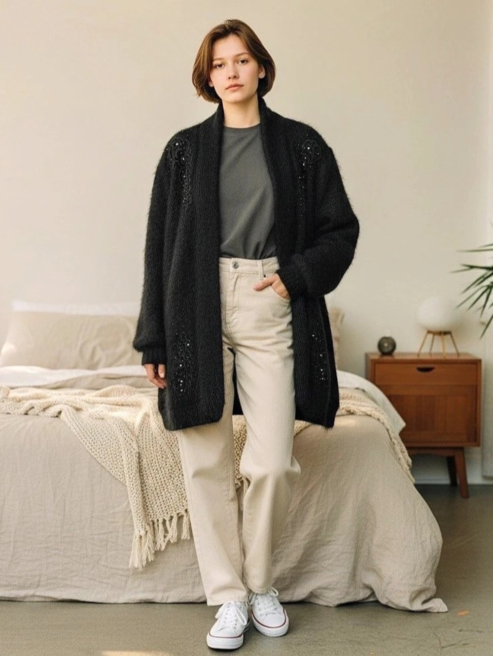 Lee Sands Embellished Black Cardigan Angora Rabbit Hair One Size